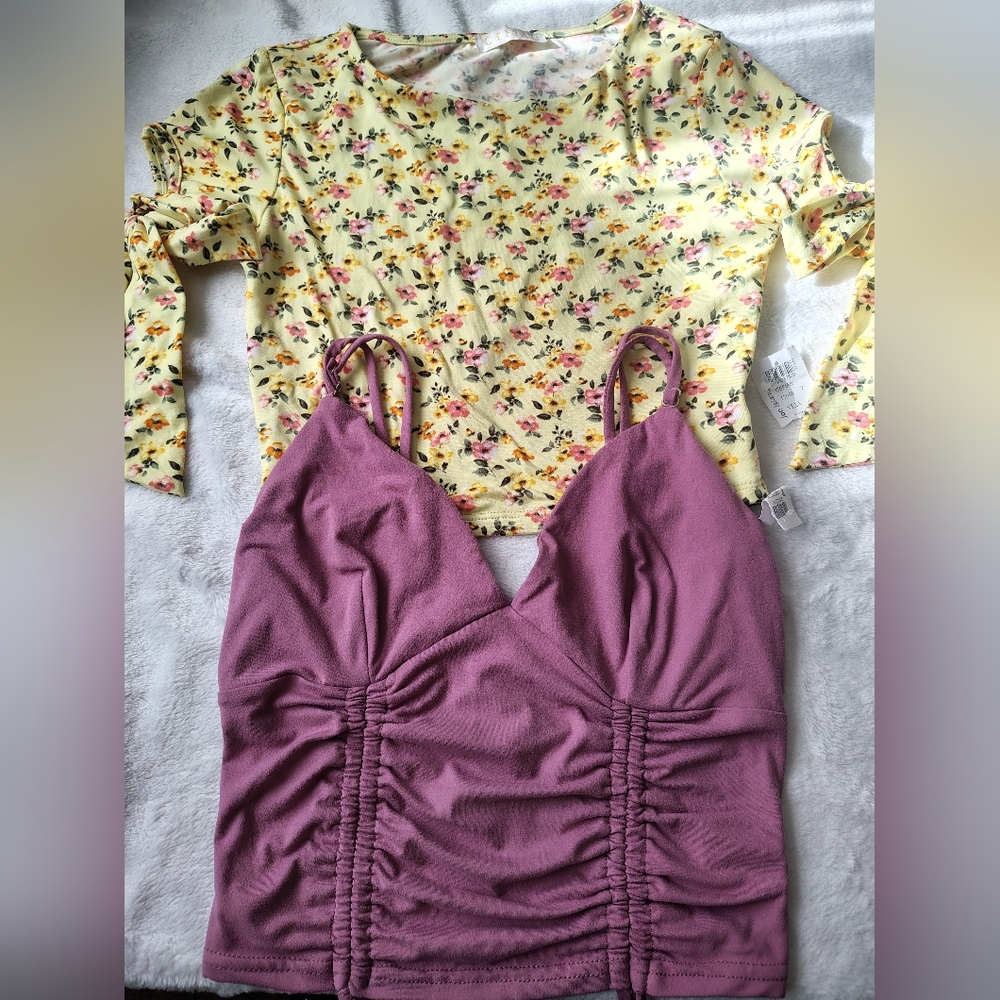 Floral Yellow Top and Purple Ruched Tank Combo
